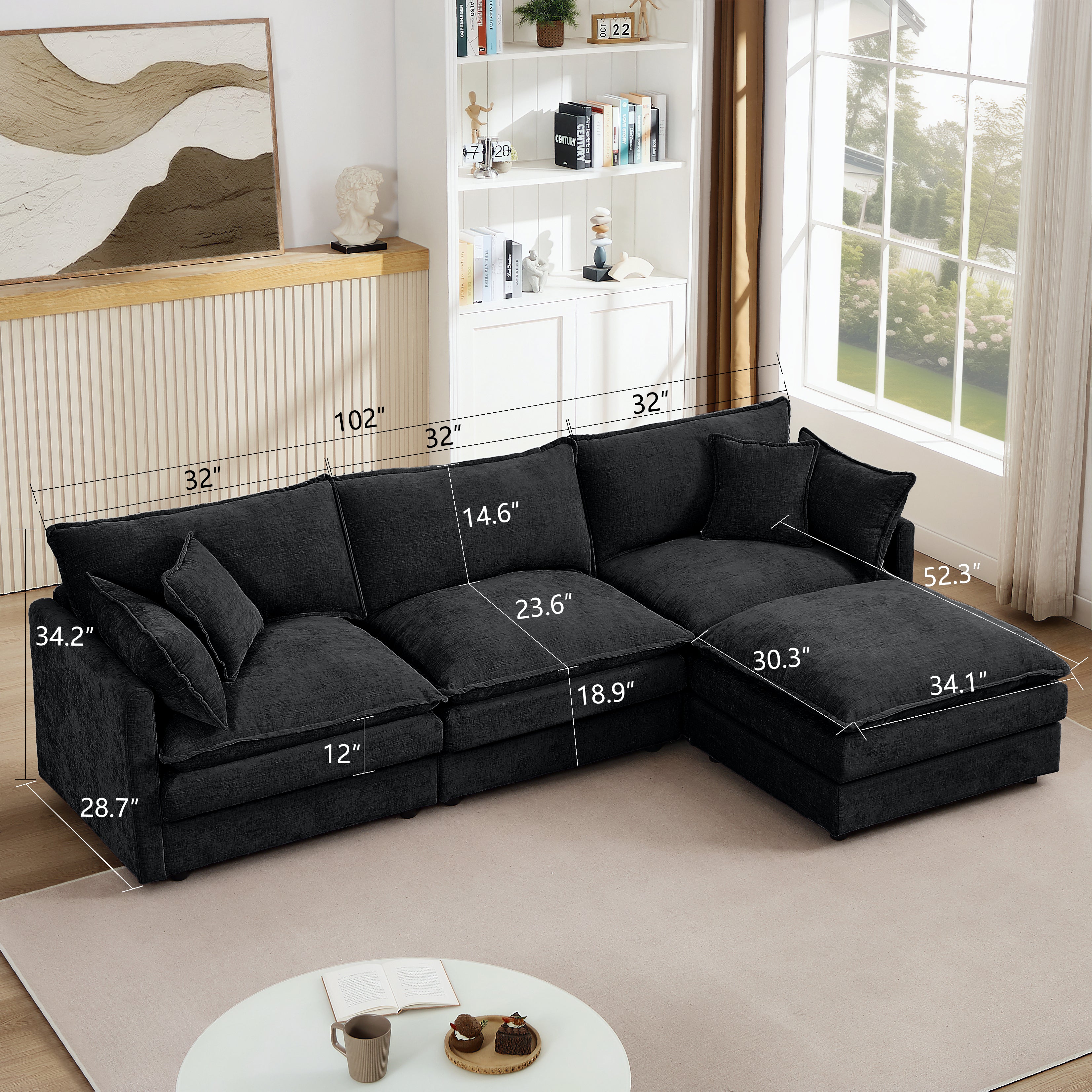 Symphony 102" Modular Chenille Sectional Sofa | 3-Seat Cloud Couch with Movable Ottoman